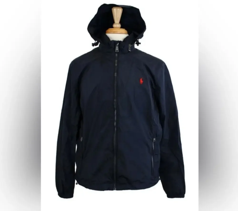 Ralph Lauren Polo Signature Logo Navy Blue Hooded Windbreaker Jacket Sz.14/16